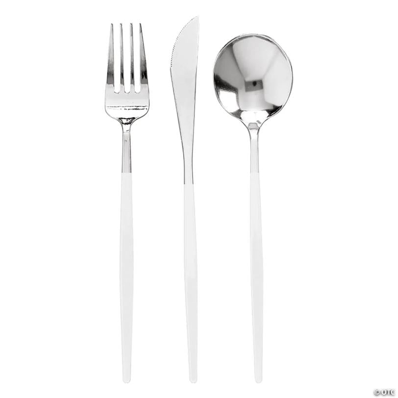 180 Pc. Silver with White Handle Moderno Disposable Plastic Cutlery Set - Spoons, Forks and Knives (60 Guests) | USA Decoration®