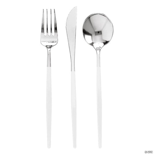 180 Pc. Silver with White Handle Moderno Disposable Plastic Cutlery Set - Spoons, Forks and Knives (60 Guests) | USA Decoration®