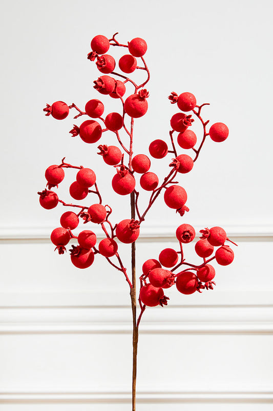 29” Red Flocked Berry Spray Artificial Holiday Floral Stem for Christmas Tree and Winter Décor