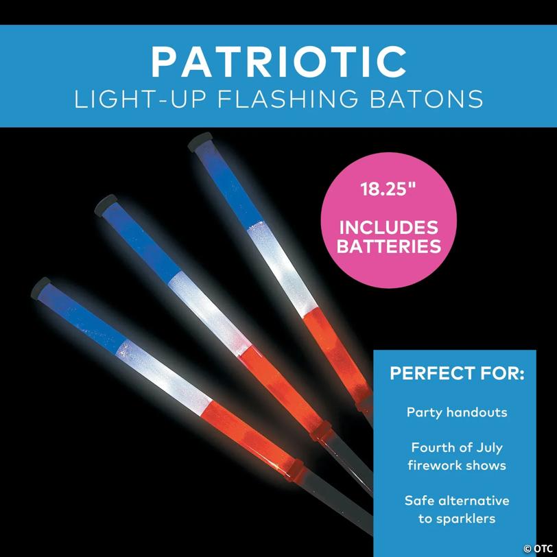 18 1/4" Patriotic Light-Up Flashing Red, White & Blue Plastic Batons - 6 Pc.
