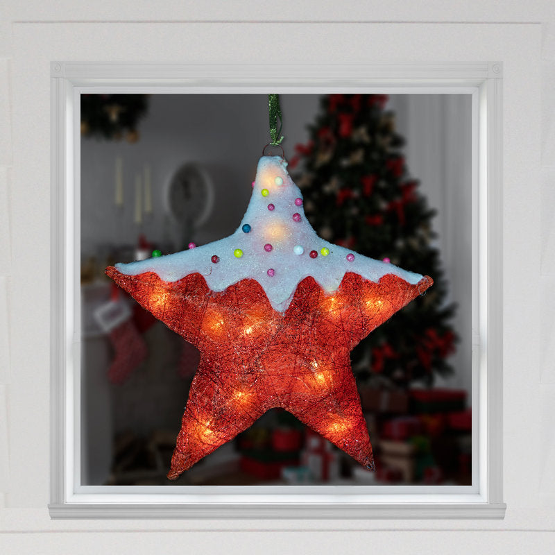 18" Lighted Red and White Candy Covered Sisal Star Christmas Window Decoration