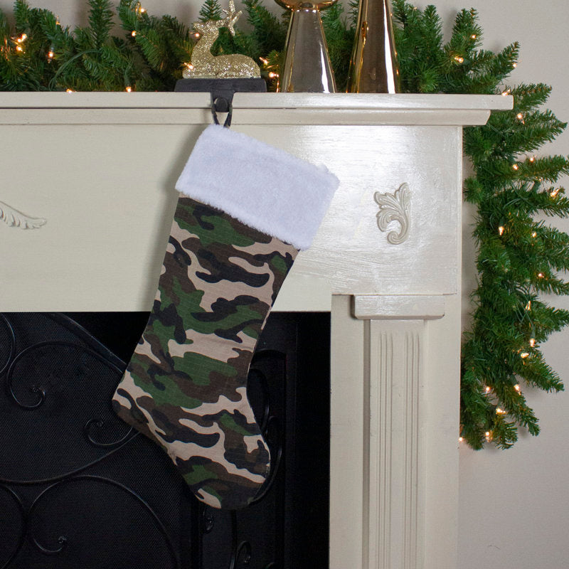 18" White and Green Camouflage Christmas Stocking with Cuff