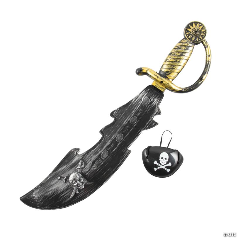 18" Black Plastic Pirate Swords with Black & White Plastic Eye Patch- 12 Pc.
