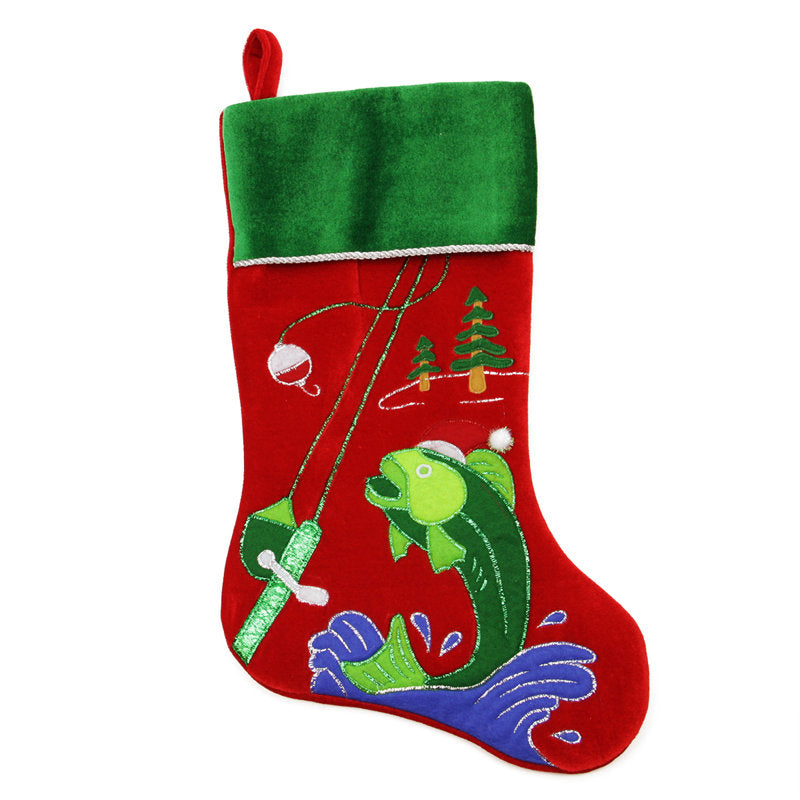 19.5" Red Velveteen Fishing Themed Christmas Stocking with Green Cuff