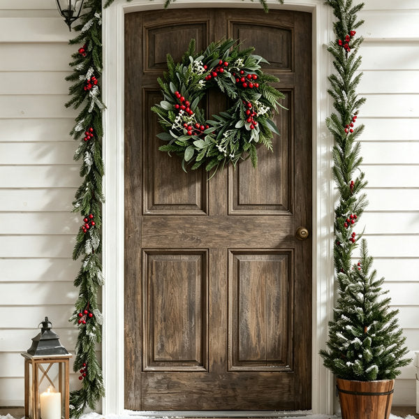 19.69" Artificial Lambs Ear & Cypress Wreath with Red Berries for Front Door, Farmhouse Faux Greenery Christmas Wreath for Indoor Outdoor Holiday Home Decor