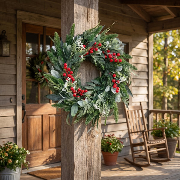 19.69" Artificial Lambs Ear & Cypress Wreath with Red Berries for Front Door, Farmhouse Faux Greenery Christmas Wreath for Indoor Outdoor Holiday Home Decor