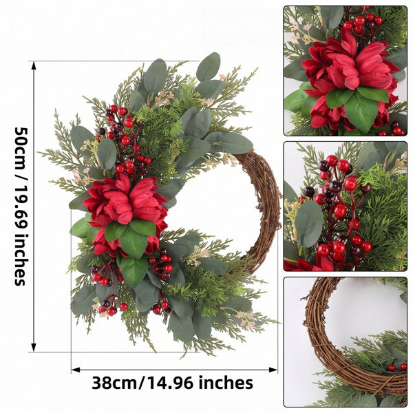 19.69 Inch Artificial Winter Wreath, Front Door Wreath with Red Dahlia, Eucalyptus Leaves and Mixed Red Berries for Wall Window Holiday Decor