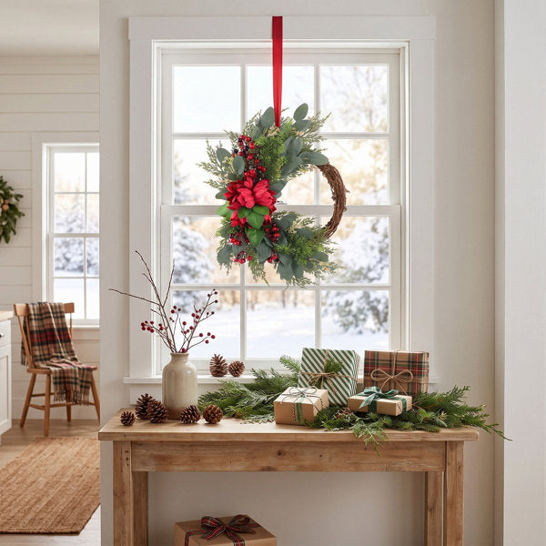 19.69 Inch Artificial Winter Wreath, Front Door Wreath with Red Dahlia, Eucalyptus Leaves and Mixed Red Berries for Wall Window Holiday Decor