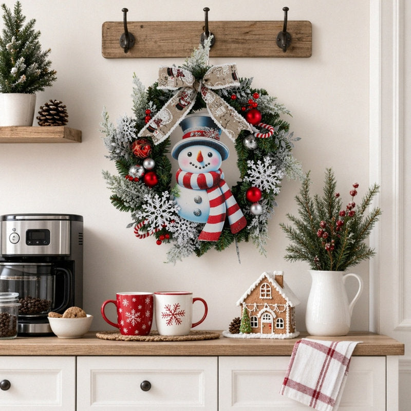 19.7 Inch Artificial Christmas Wreath with Snowman, Bow, and Ornaments