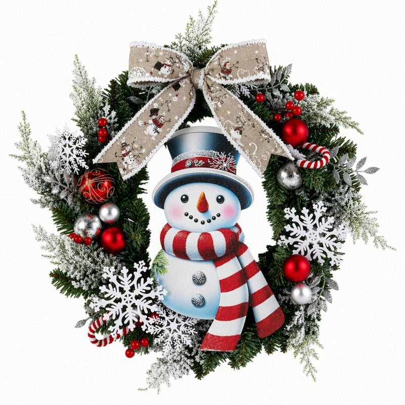 19.7" snowman Christmas wreath with a bow and ornaments