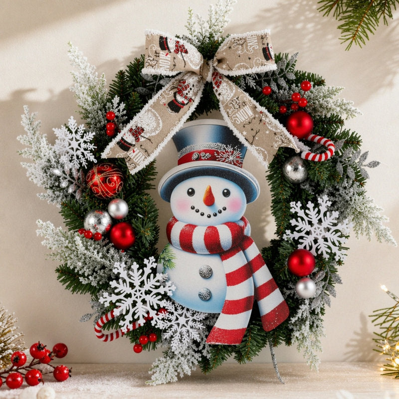 19.7 Inch Artificial Christmas Wreath with Snowman, Bow, and Ornaments