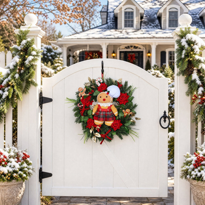 19.7" pre-lit gingerbread Christmas wreath with roses and gingerbread accents