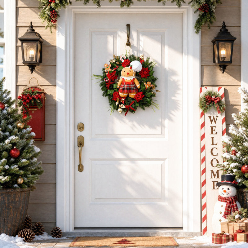 19.7 Inch Pre-Lit Christmas Wreath with Gingerbread Doll, Red Roses and Pine Sprigs, Lighted Artificial Holiday Wreath for Front Door Wall Mantel Christmas Home Decor