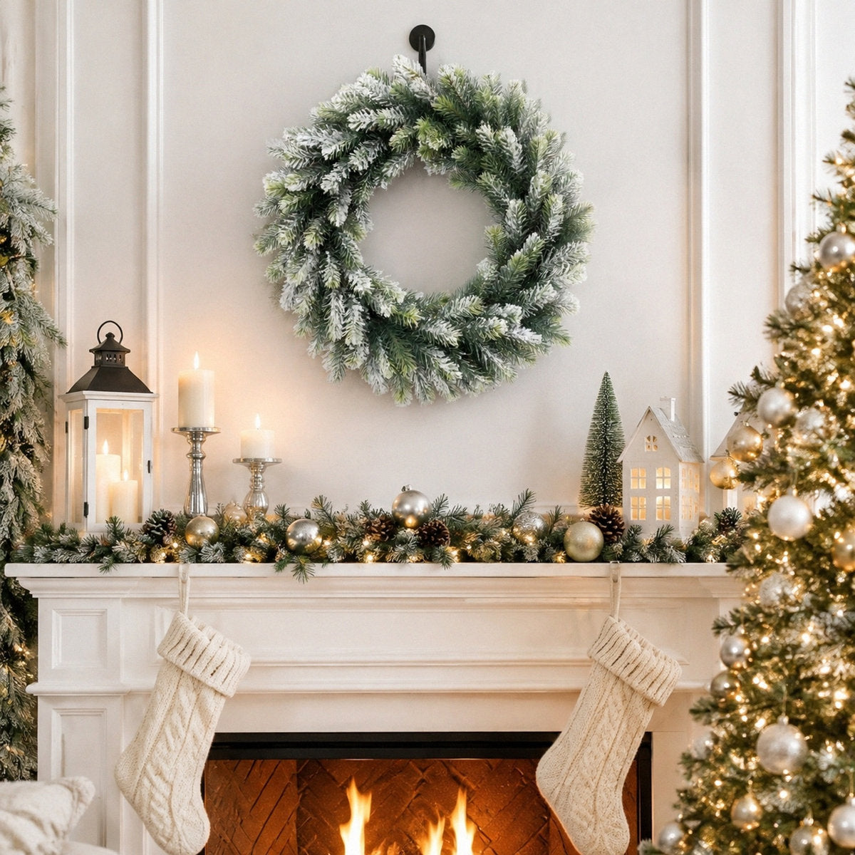 19.7 Inch Snow‑Flocked Artificial Pine Wreath, Winter Greenery Wreath for Front Door Wall Window Christmas Holiday Decor