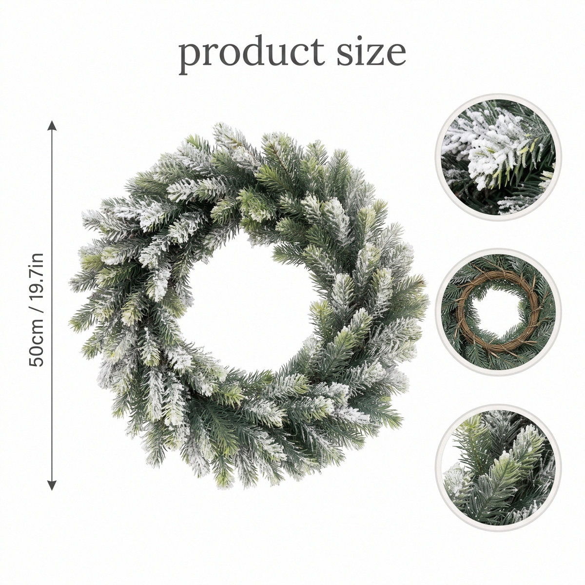 19.7 Inch Snow‑Flocked Artificial Pine Wreath, Winter Greenery Wreath for Front Door Wall Window Christmas Holiday Decor