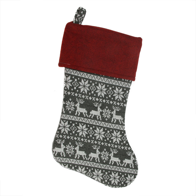 19" Festive Grey White and Red Snowflakes & Reindeer Knit Christmas Stocking