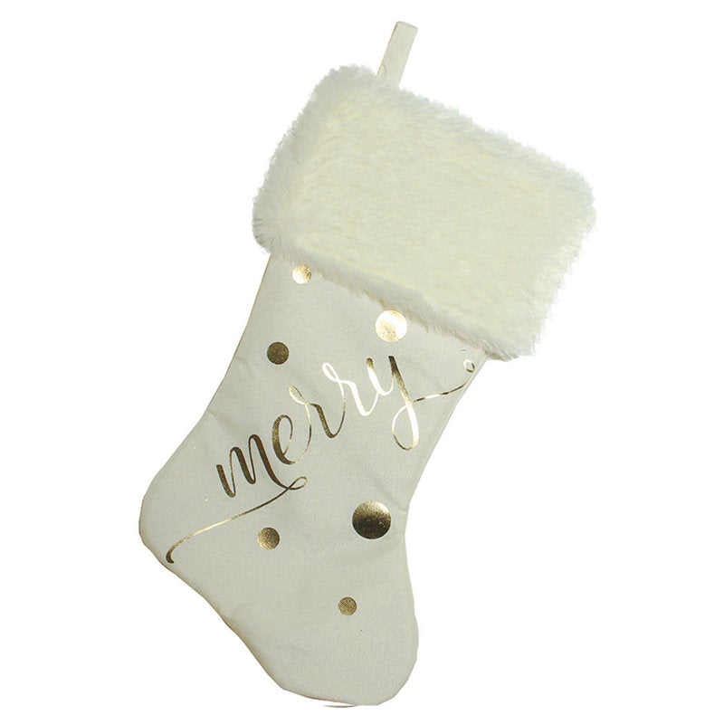 19" Ivory White Gold Foil "Merry" Christmas Stocking with White Faux Fur Cuff