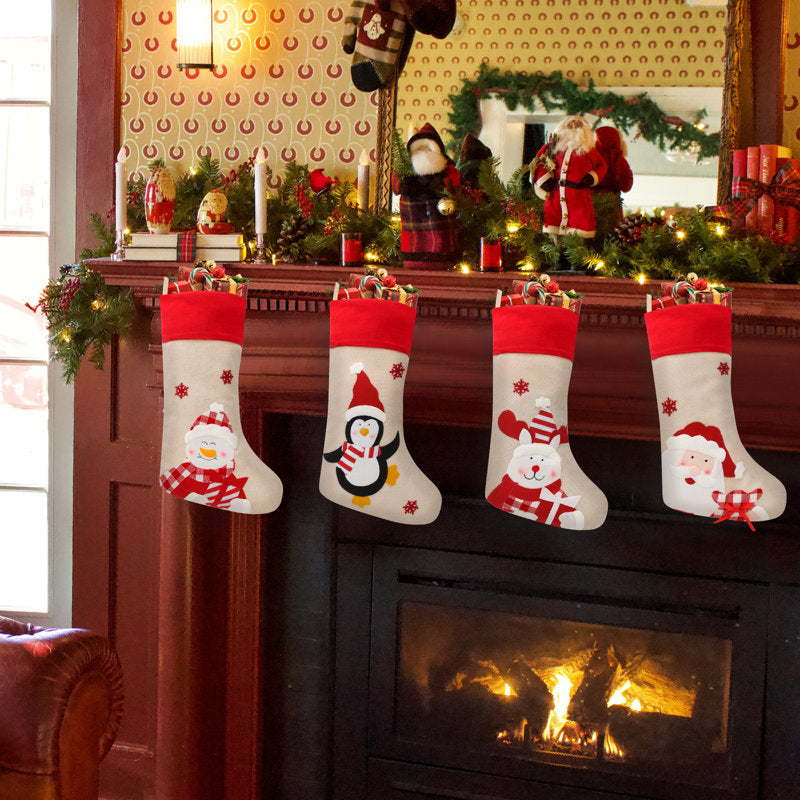 19" Linen Festive Family Christmas Stockings, Christmas Decoration with Penguins, Santa, Snowmen