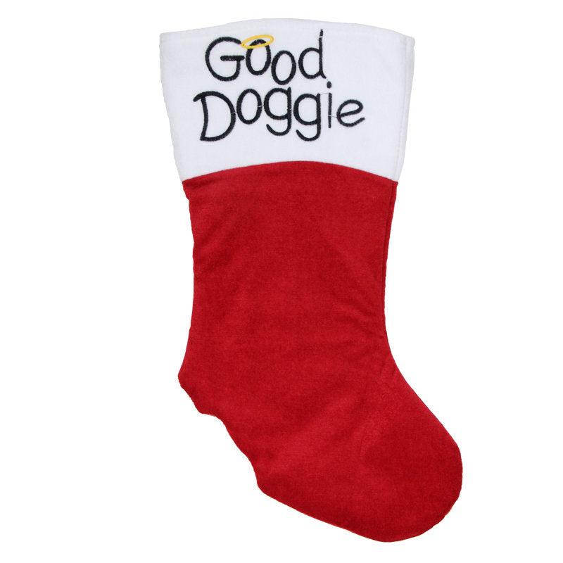 19" Red and White Embroidered Halo "Good Doggie" Christmas Stocking with Cuff