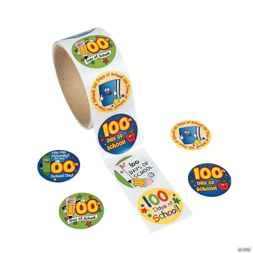 1 1/2" 100th Day of School Multicolor Paper Sticker Roll - 100 Pc. | USA Decoration®