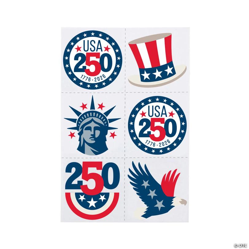 1 1/2" Bulk 72 Pc. Patriotic America 250th Anniversary Temporary Tattoos
