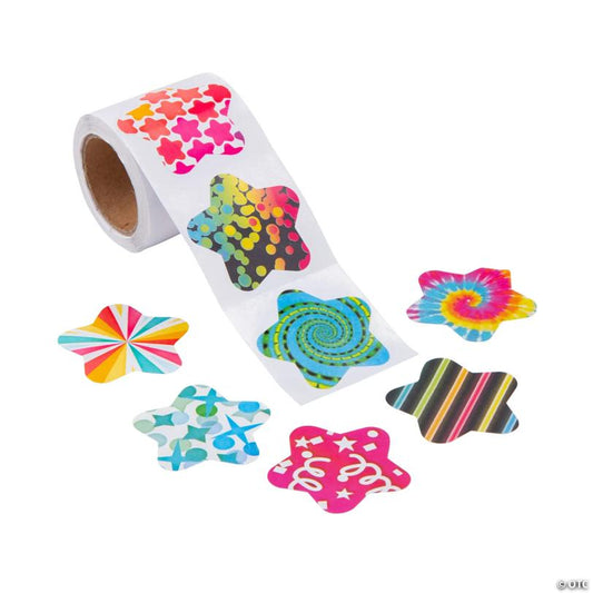 1 1/2" Funky Pattern Star Multicolor Paper Sticker Roll - 100 Pc. | USA Decoration®