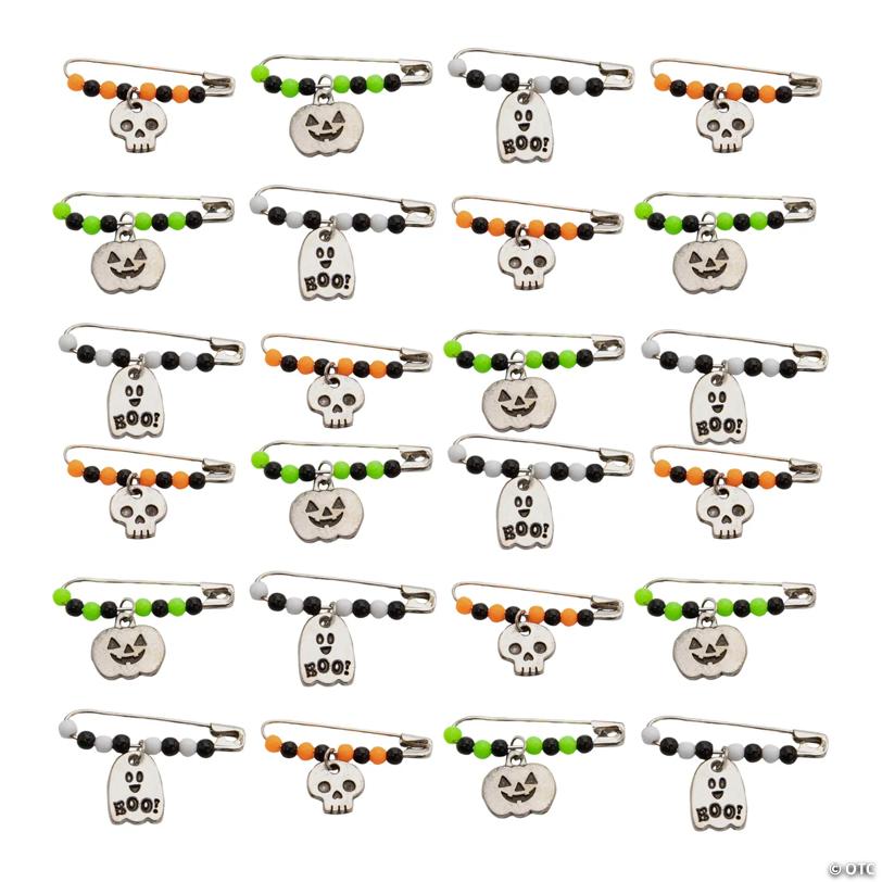 1 1/2" Halloween Jack-O'-Lantern, Ghost & Skull Beaded Metal Safety Pins – 24 Pc.