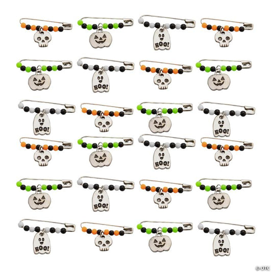 1 1/2" Halloween Jack-O'-Lantern, Ghost & Skull Beaded Metal Safety Pins – 24 Pc.