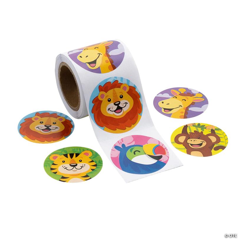 1 1/2" Happy Zoo Animal Multicolor Paper Sticker Roll - 100 Pc. | USA Decoration®