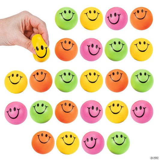 1 1/2" Mini Neon Smile Face Solid Color Foam Stress Balls - 24 Pc.