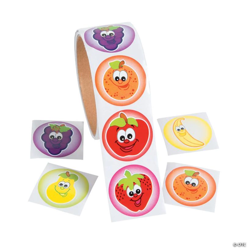 1 1/2" Multicolor Friendly Fruit Characters Paper Sticker Roll - 100 Pc. | USA Decoration®