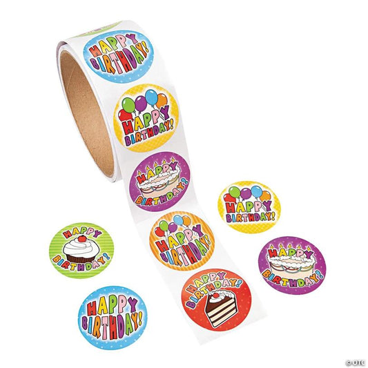 1 1/2" Multicolor Happy Birthday Sticker Roll - 100 Pc. | USA Decoration®