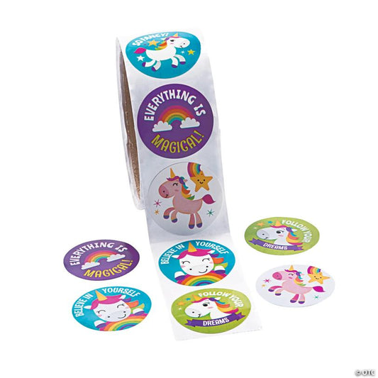 1 1/2" Multicolor Motivational Sayings Unicorn Sticker Roll - 100 Pc. | USA Decoration®