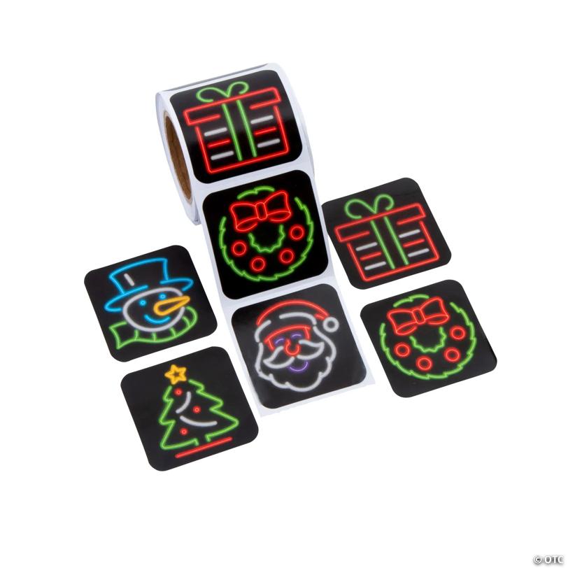 1 1/2" Neon Noel Christmas Icons Paper Sticker Roll - 100 Pc. | USA Decoration®