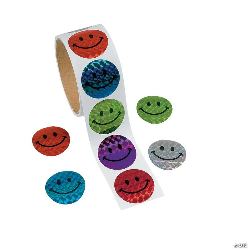 1 1/2" Prismatic Smile Face Multicolor Paper Sticker Roll - 100 Pc. | USA Decoration®