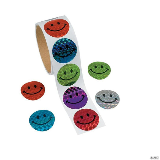 1 1/2" Prismatic Smile Face Multicolor Paper Sticker Roll - 100 Pc. | USA Decoration®