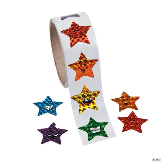 1 1/2" Prismatic Smiling Stars Multicolor Paper Sticker Roll - 100 Pc. | USA Decoration®