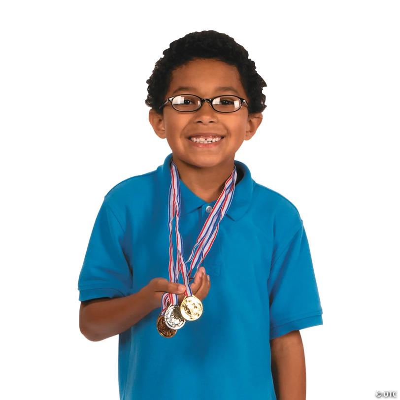 1 1/2" Super Star Goldtone Plastic Medals with Red, White & Blue Ribbon - 12 Pc.