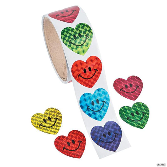 1 1/2" Valentine's Day Smile Face PrismHeart Sticker Roll - 100 Pc. | USA Decoration®