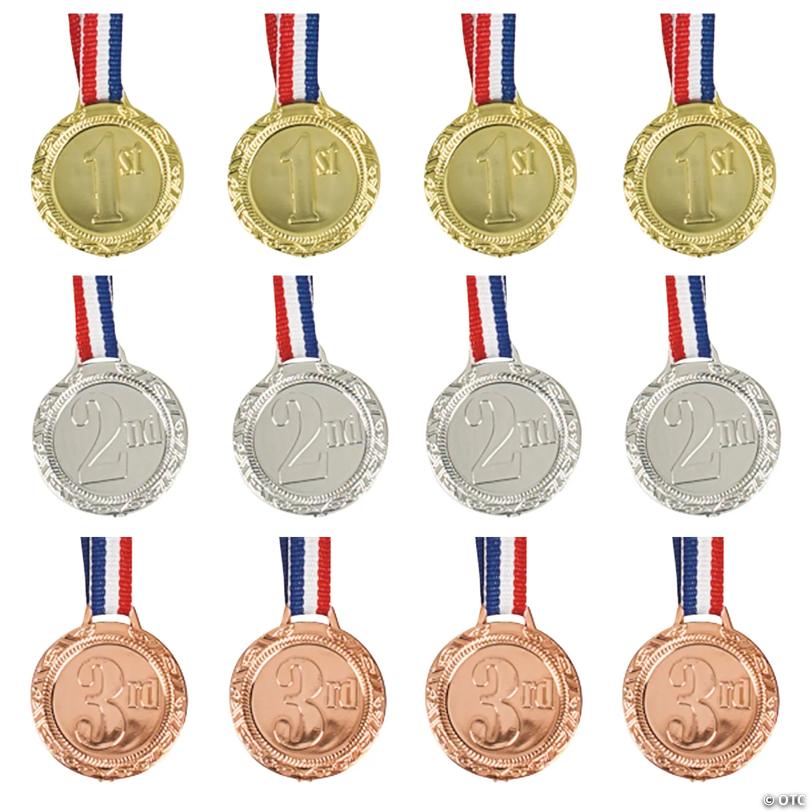1 1/4" 1st, 2nd & 3rd Place Plastic Award Medals with Striped Ribbon - 12 Pc.