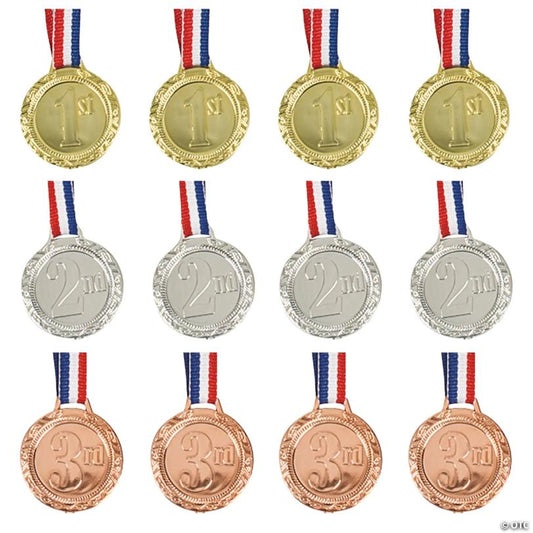 1 1/4" 1st, 2nd & 3rd Place Plastic Award Medals with Striped Ribbon - 12 Pc.