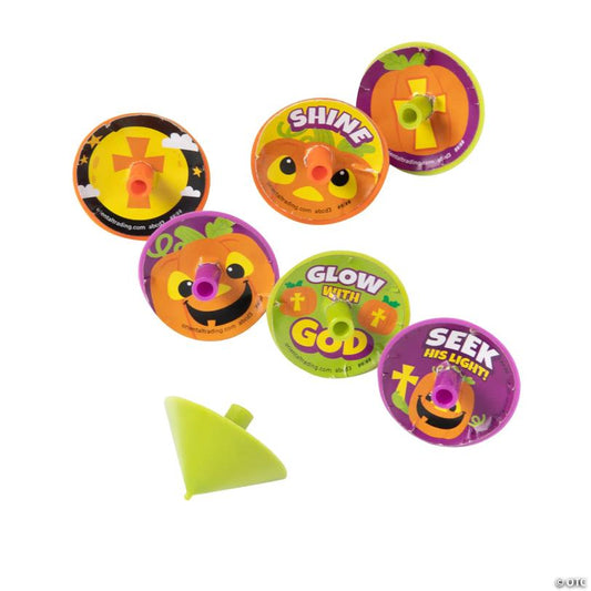 1 1/4" Bulk 144 Pc. Mini Christian Pumpkin Solid Color Plastic Spin Tops