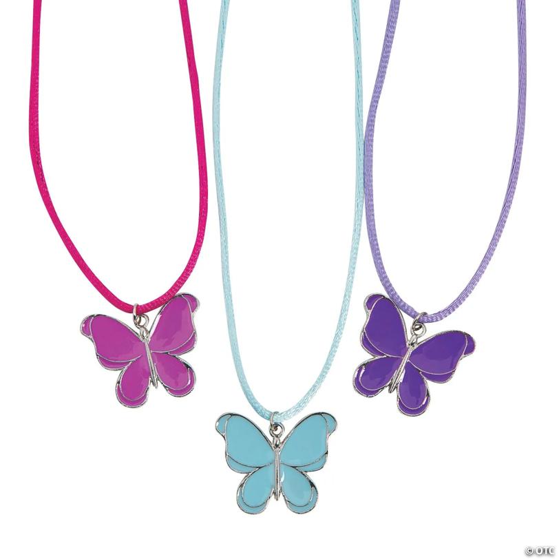 1 1/4" Butterfly-Shaped Metal Charm on Satin Necklaces - 12 Pc.