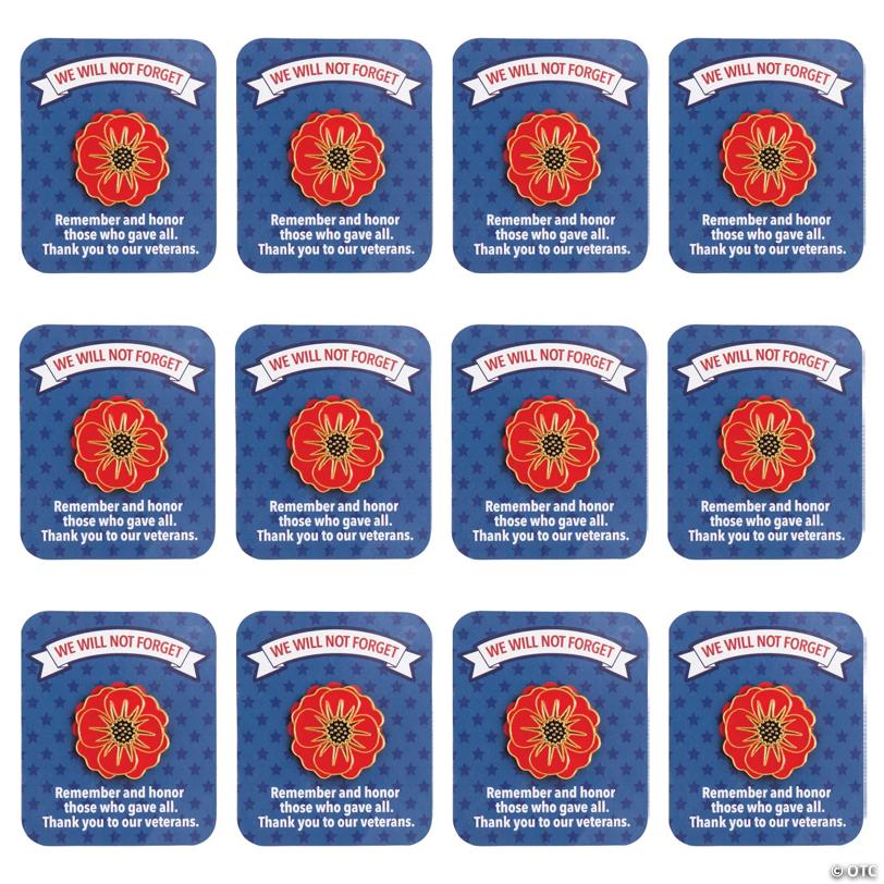 1 1/4" Patriotic Red Poppy Flower Metal Pins with Card - 12 Pc.