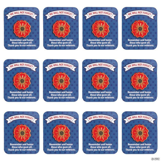 1 1/4" Patriotic Red Poppy Flower Metal Pins with Card - 12 Pc.