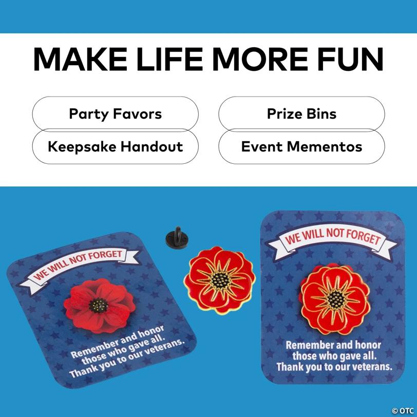 1 1/4" Patriotic Red Poppy Flower Metal Pins with Card - 12 Pc.