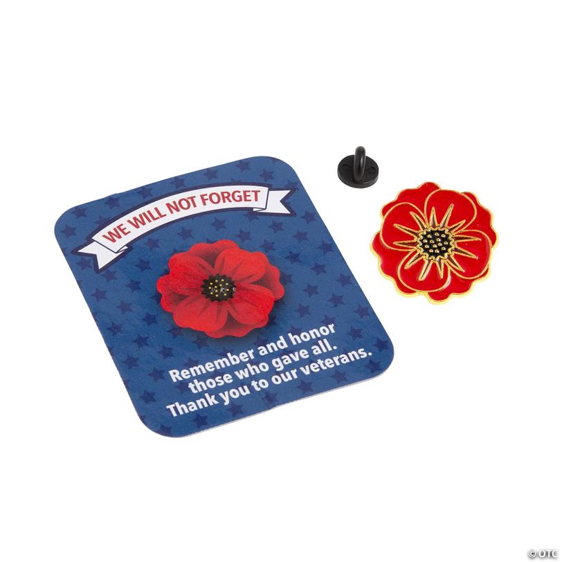1 1/4" Patriotic Red Poppy Flower Metal Pins with Card - 12 Pc.