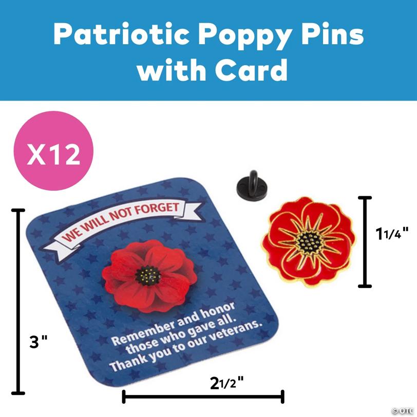1 1/4" Patriotic Red Poppy Flower Metal Pins with Card - 12 Pc.