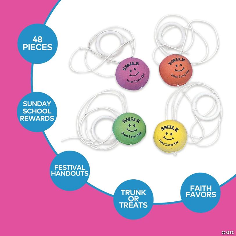 1" Bulk 48 Pc. Smile Jesus Loves You Rubber Stringed Ball Assortment