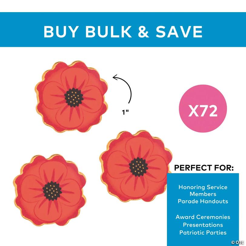1" Bulk 72 Pc. Patriotic Memorial Day Metal Poppy Pins